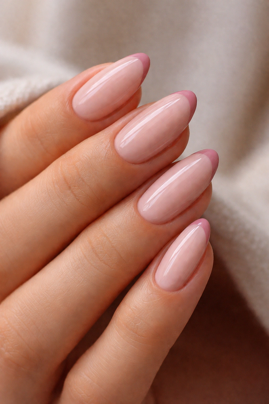 Close-up of mauve pink micro French on almond nails with a thin nail edge line