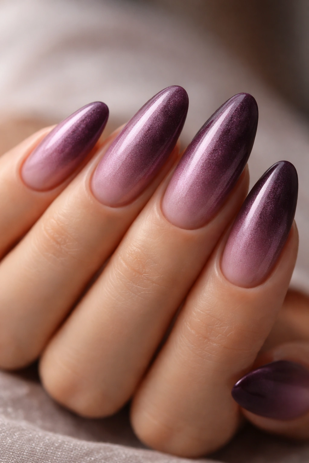Almond nails mauve to plum velvet gradient with velvet finish