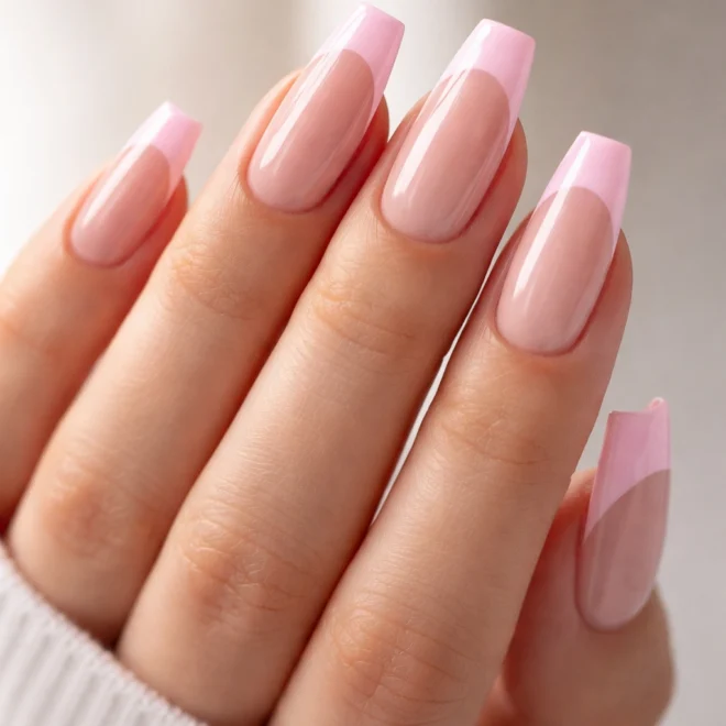 12 Pink French Tip Coffin Nails for Medium Length