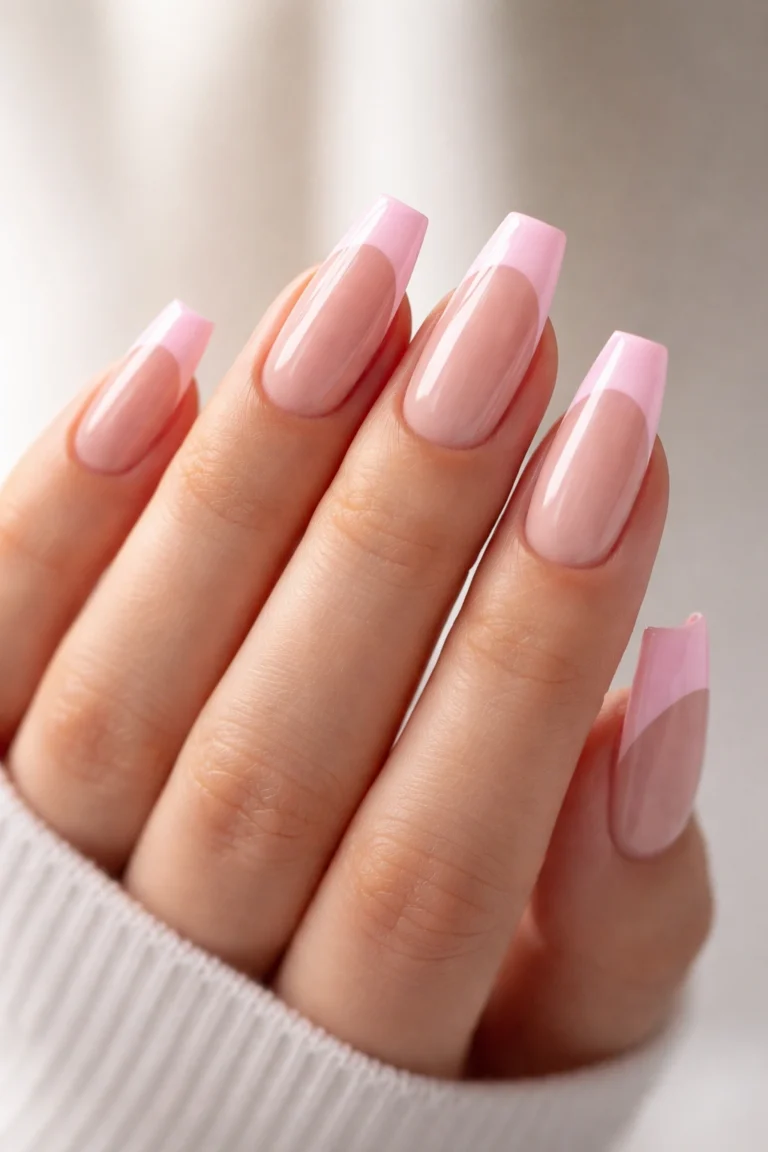 12 Pink French Tip Coffin Nails for Medium Length