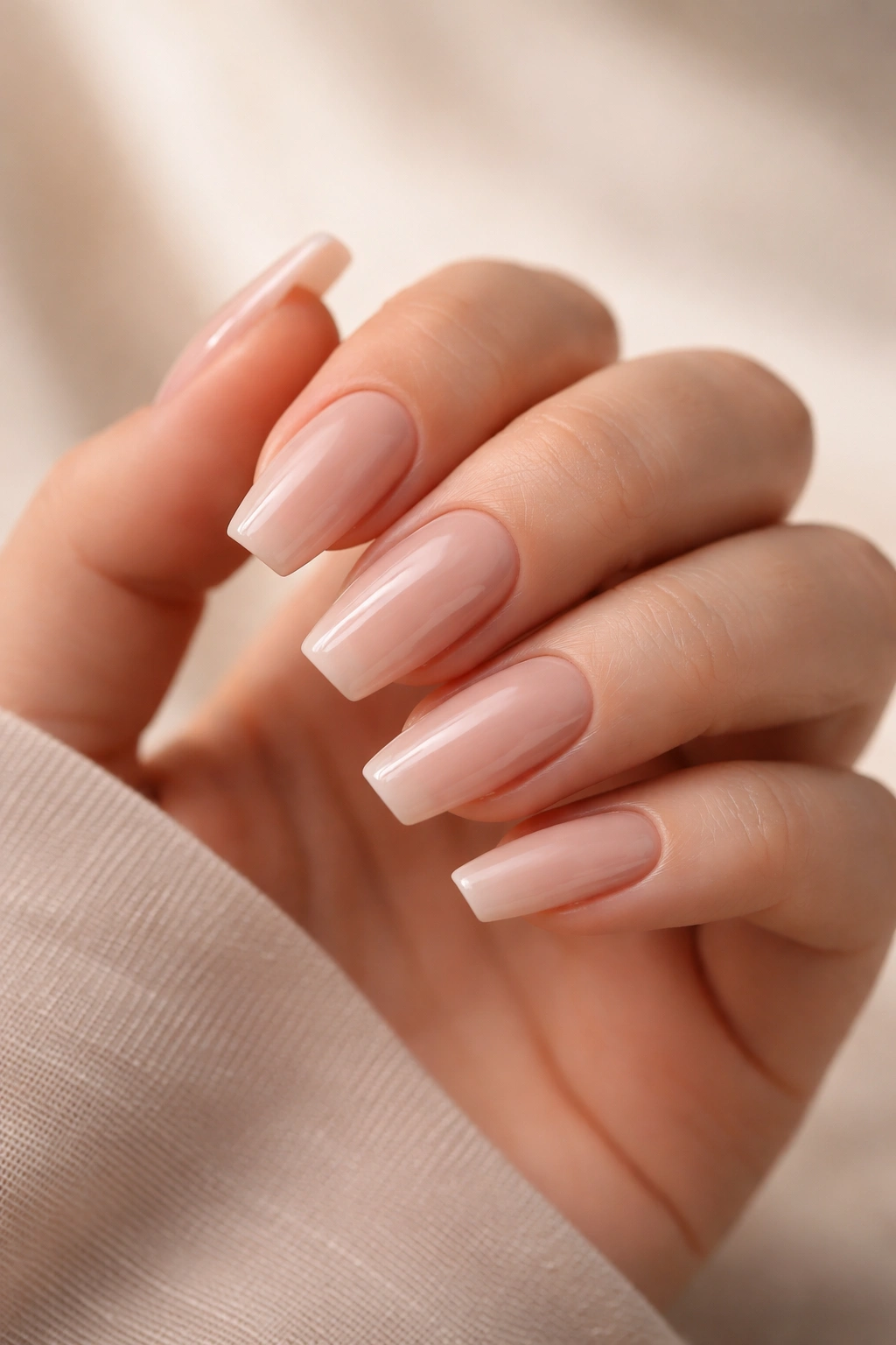 Close-up of medium-length coffin nails on a hand with glossy neutral-tone polish