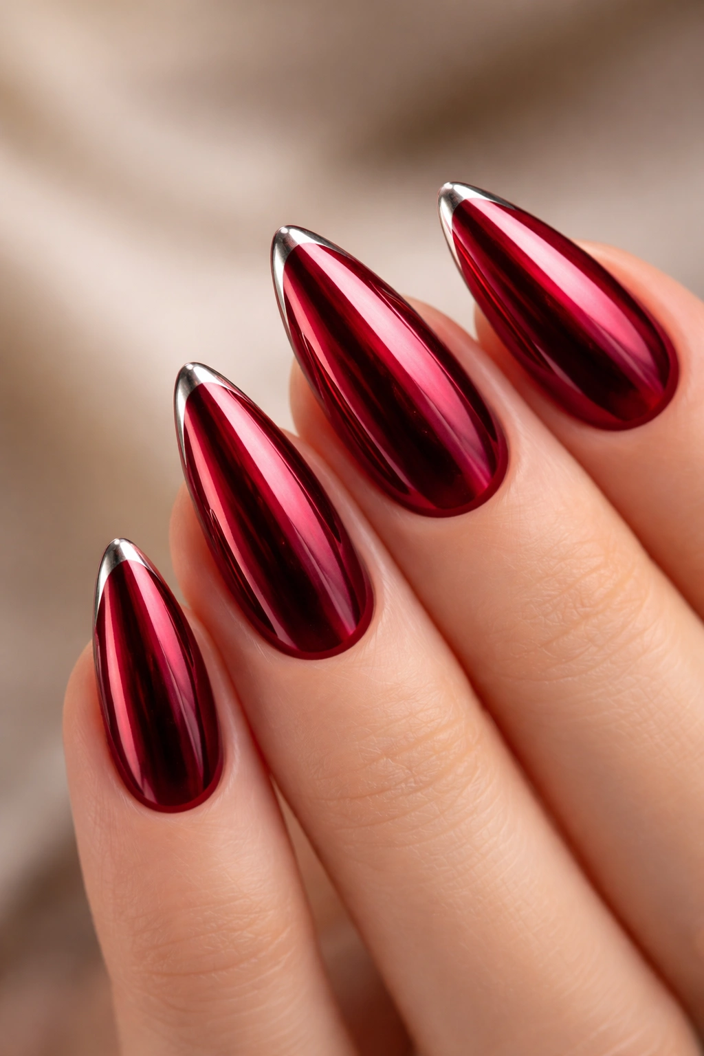 Close-up of an almond nail featuring merlot chrome and a micro-French tip on a soft neutral background