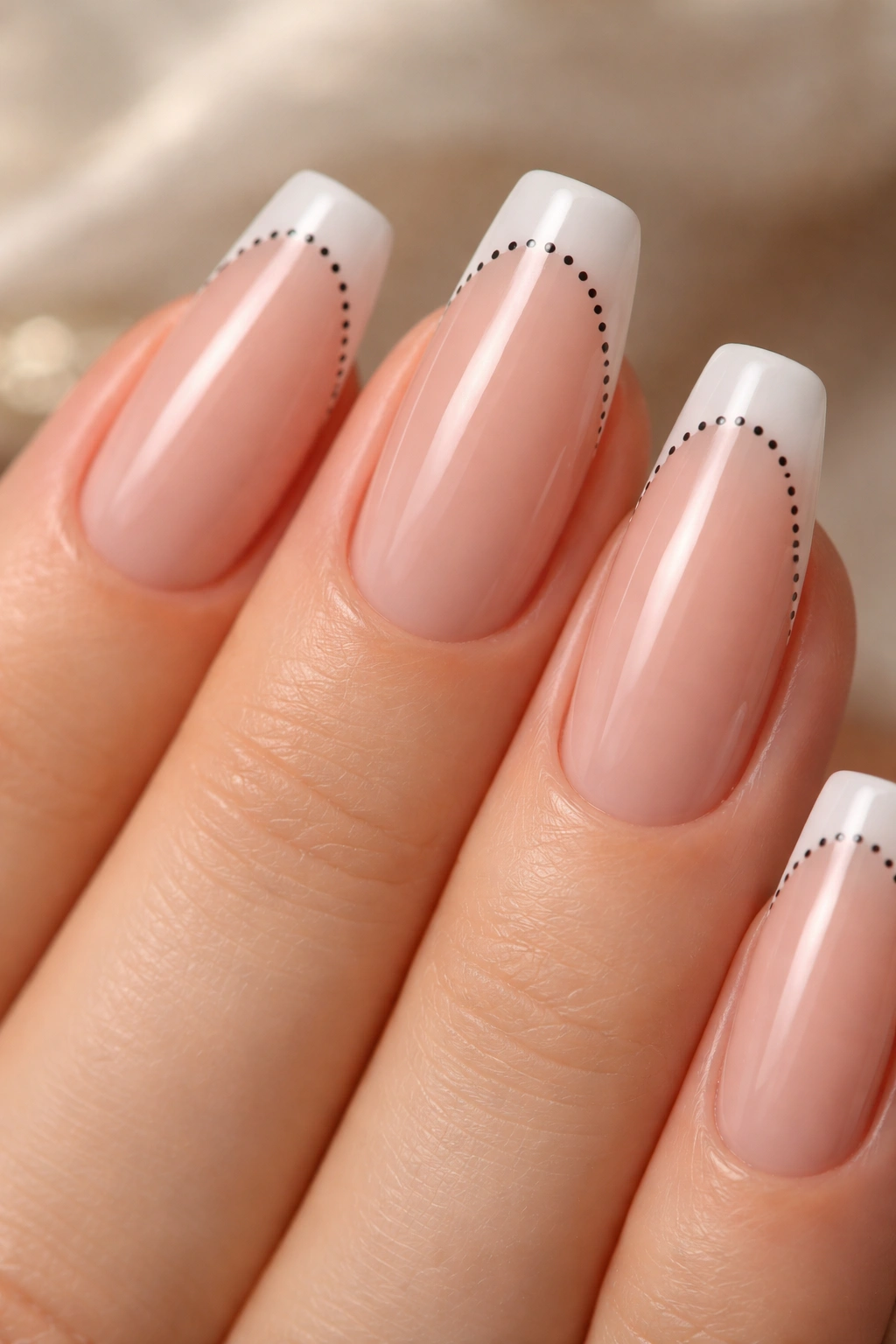 Nude coffin nails with micro dots along the French tip edge