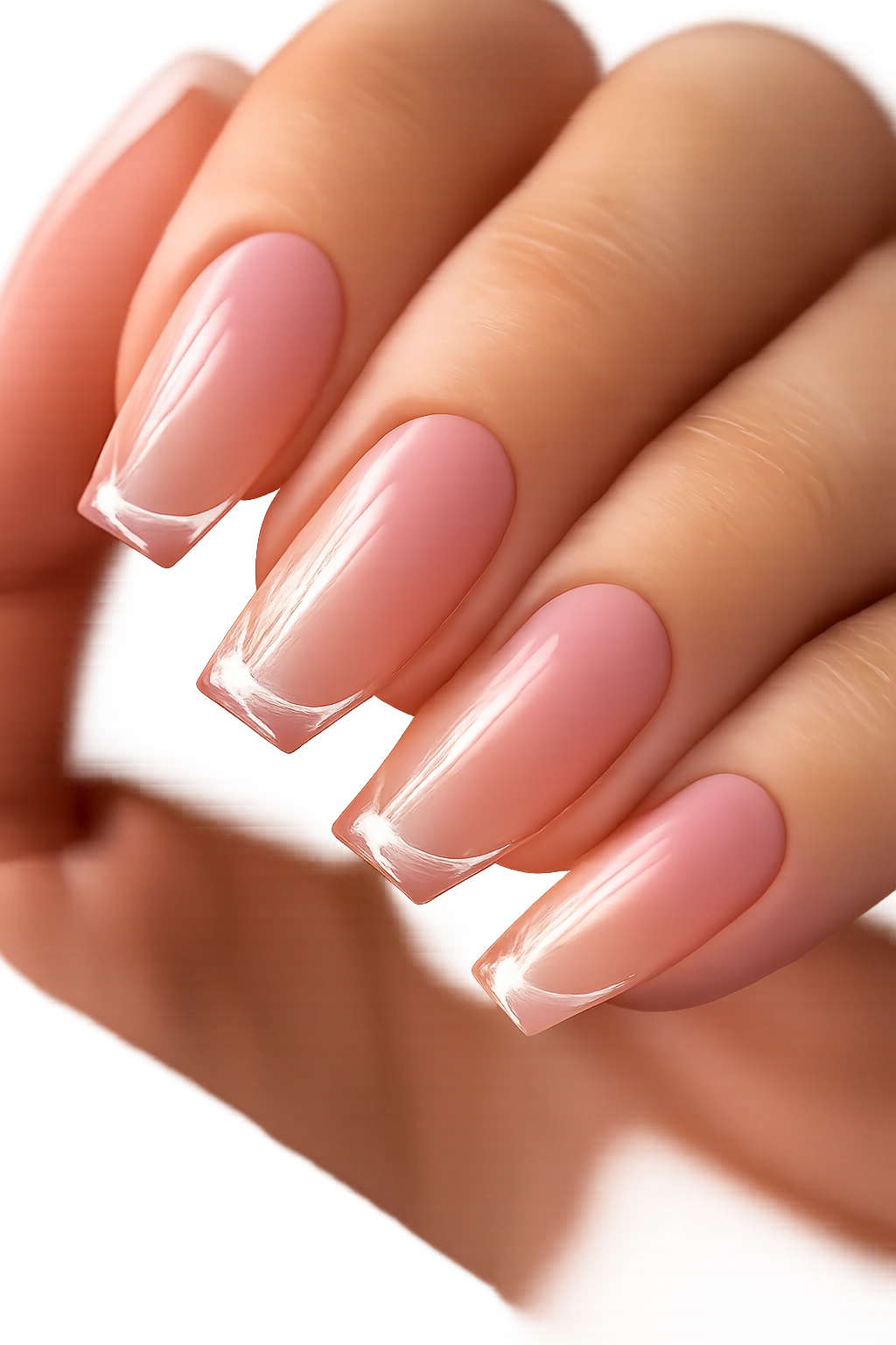Close-up of clear coffin nails with ultra-thin white micro French lines along the tips