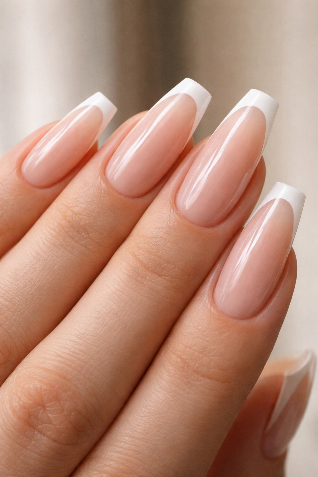 Coffin nails with crisp micro French tips on a sheer base