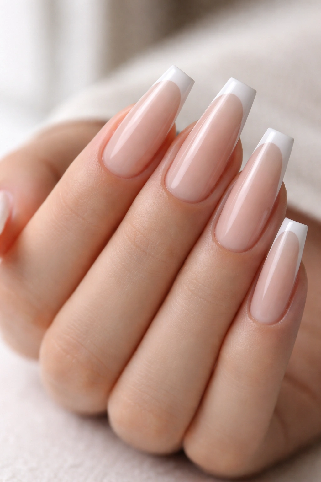 Long coffin nails with micro French tip on nude base