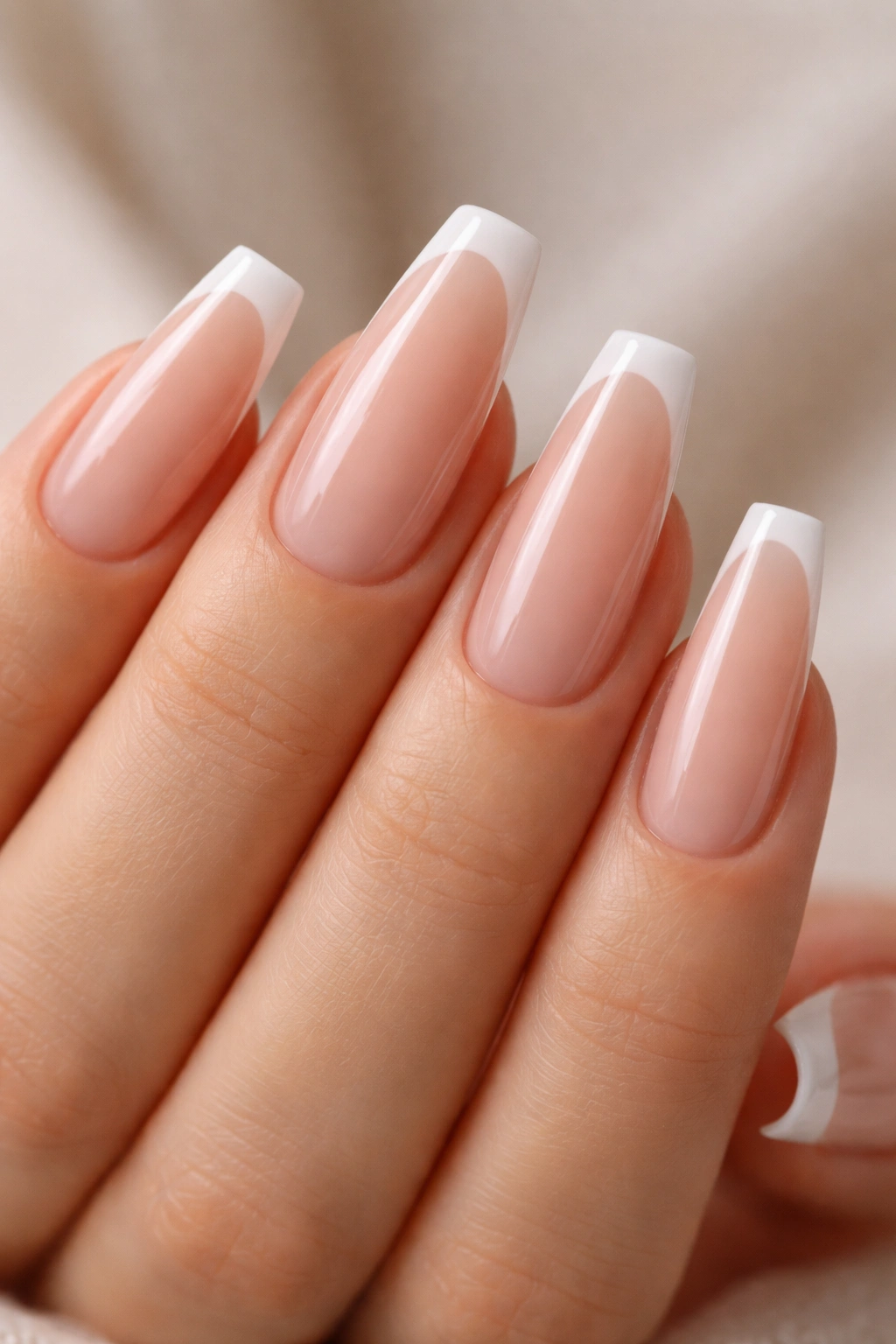 Long coffin nail with a thin white micro-French tip on nude base