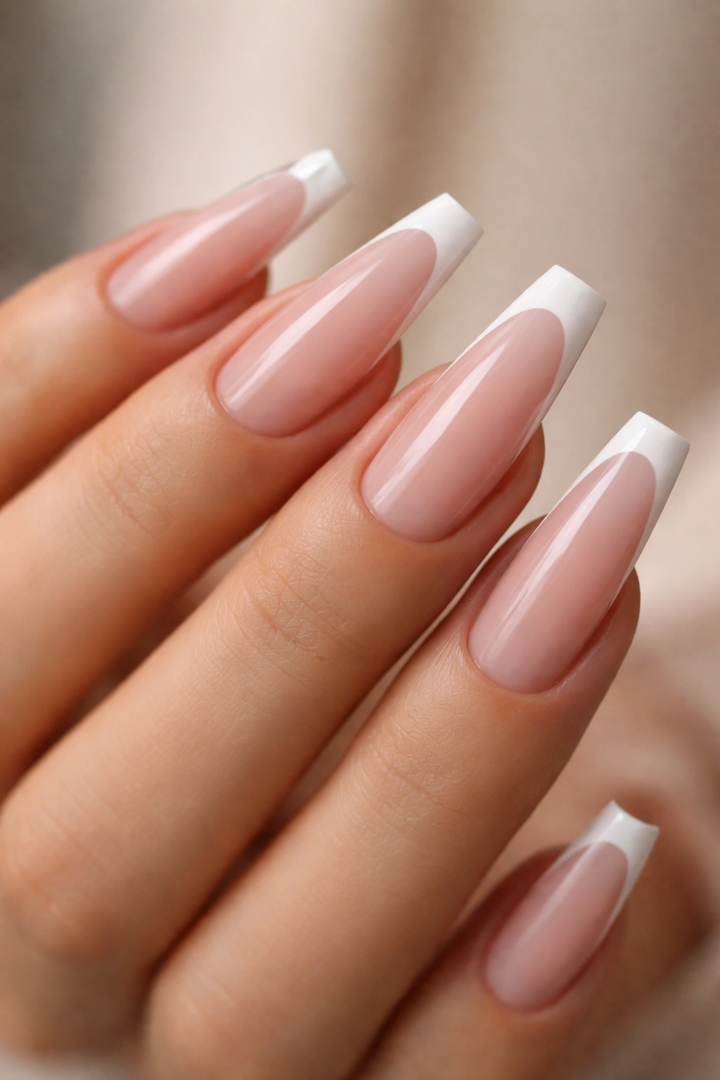 Long coffin nails with micro French tips close-up