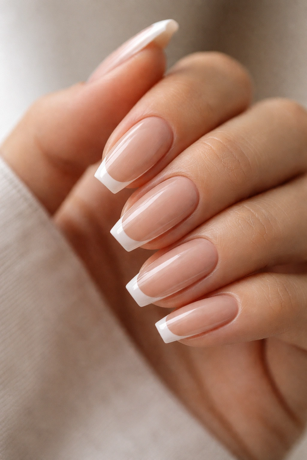 Close-up of a hand with micro-French nude coffin nails featuring a thin white tip on a nude base