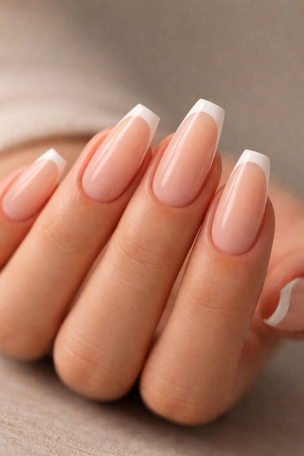 Coffin nails with micro French tips on a sheer base