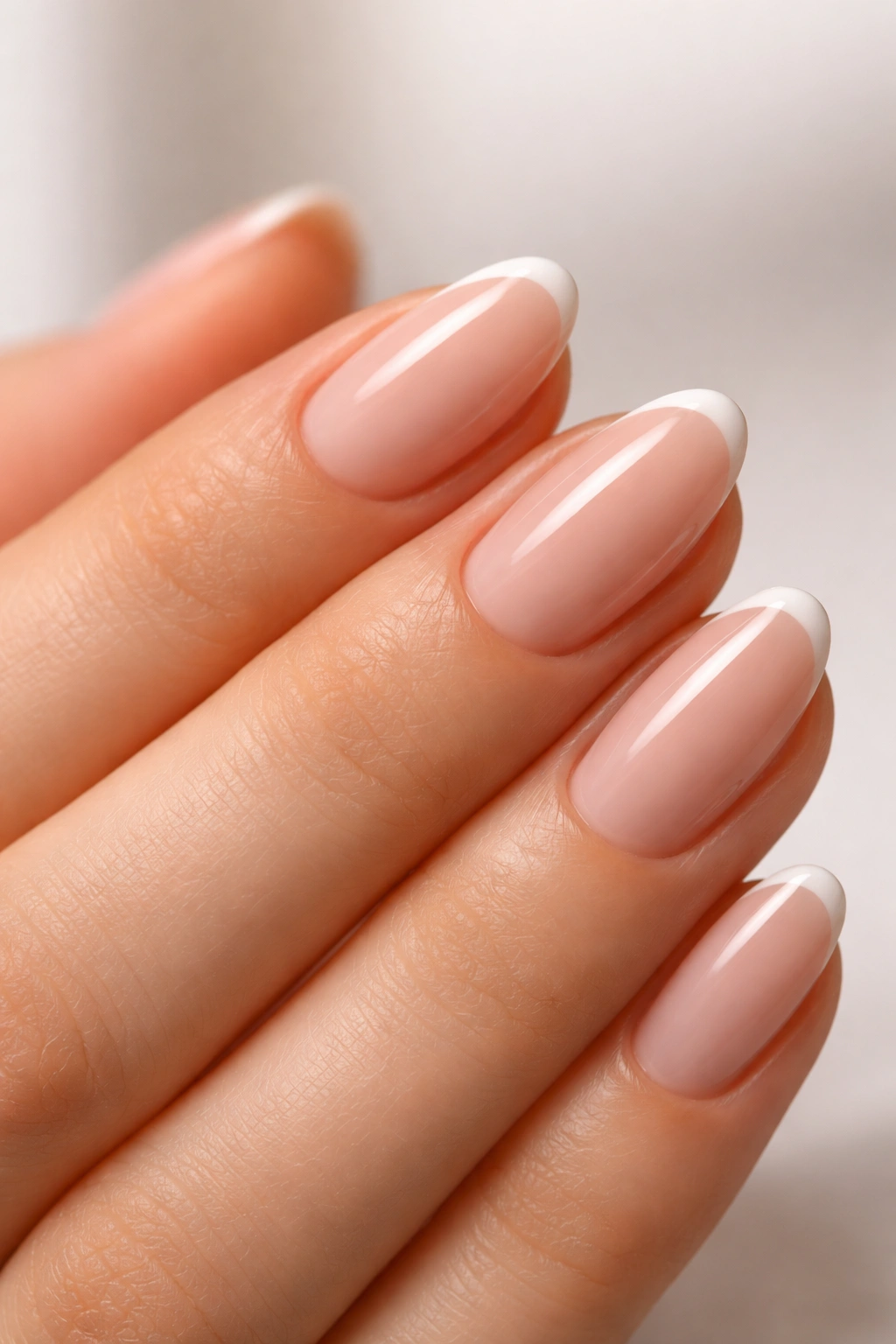 Ultra-close shot of micro French on short almond nails with tiny white tips