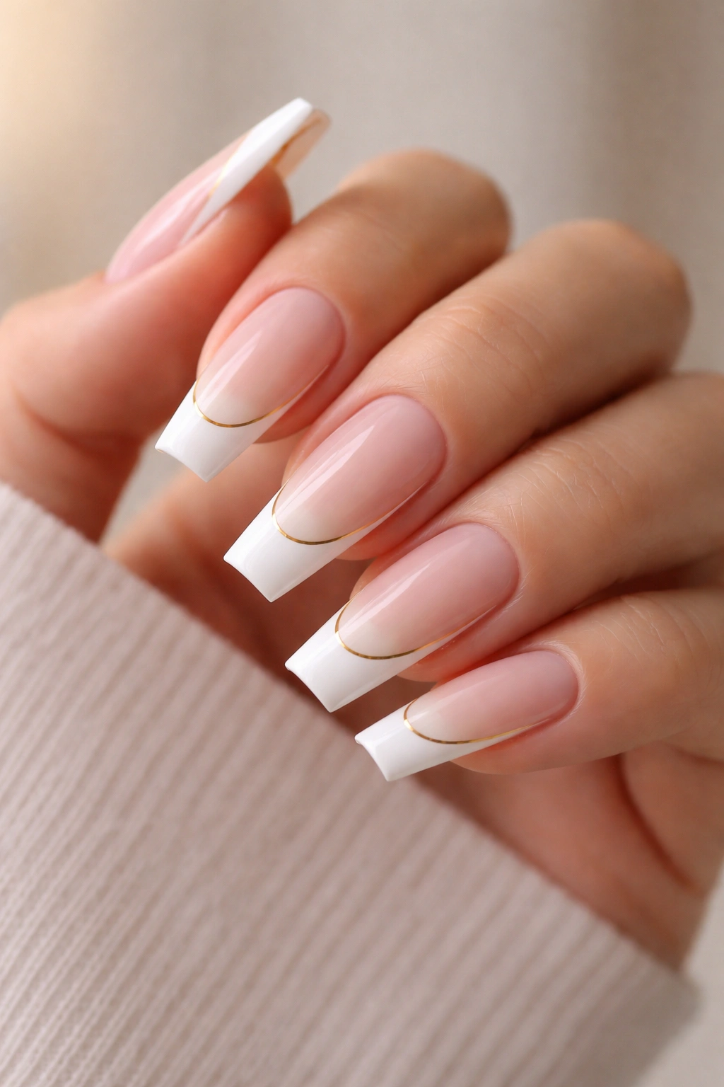 Close-up of coffin nails with micro-French white tips and a gold line