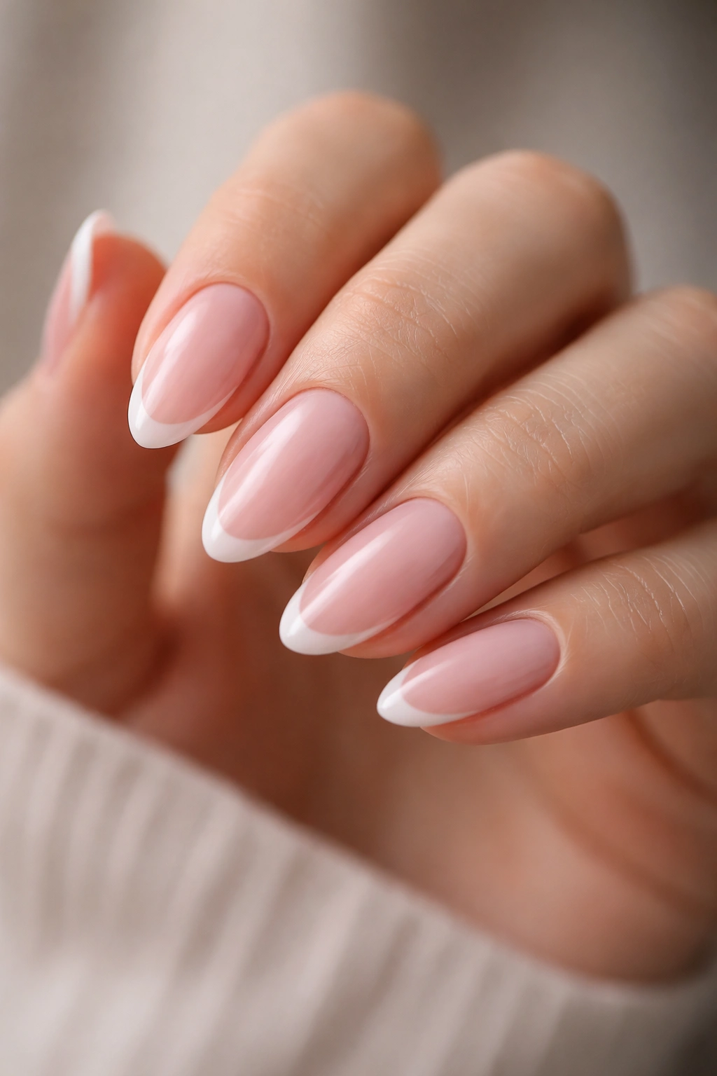 Almond nails with micro French tips on milky pink base