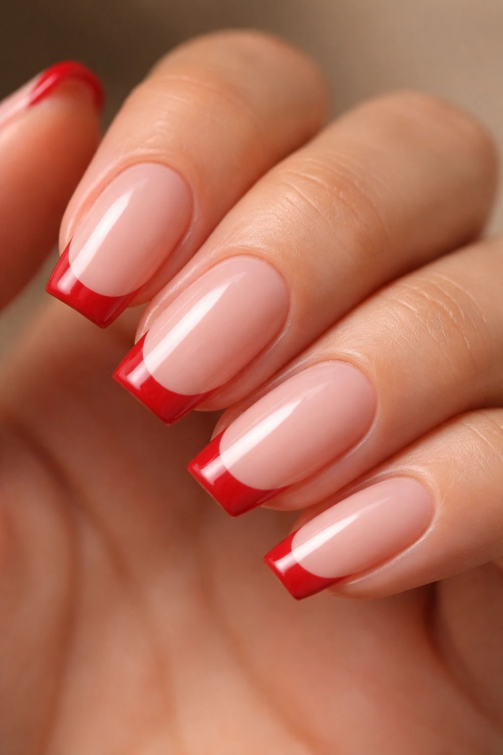 Close-up of coffin nails with a tiny cherry-red French tip on a natural base.