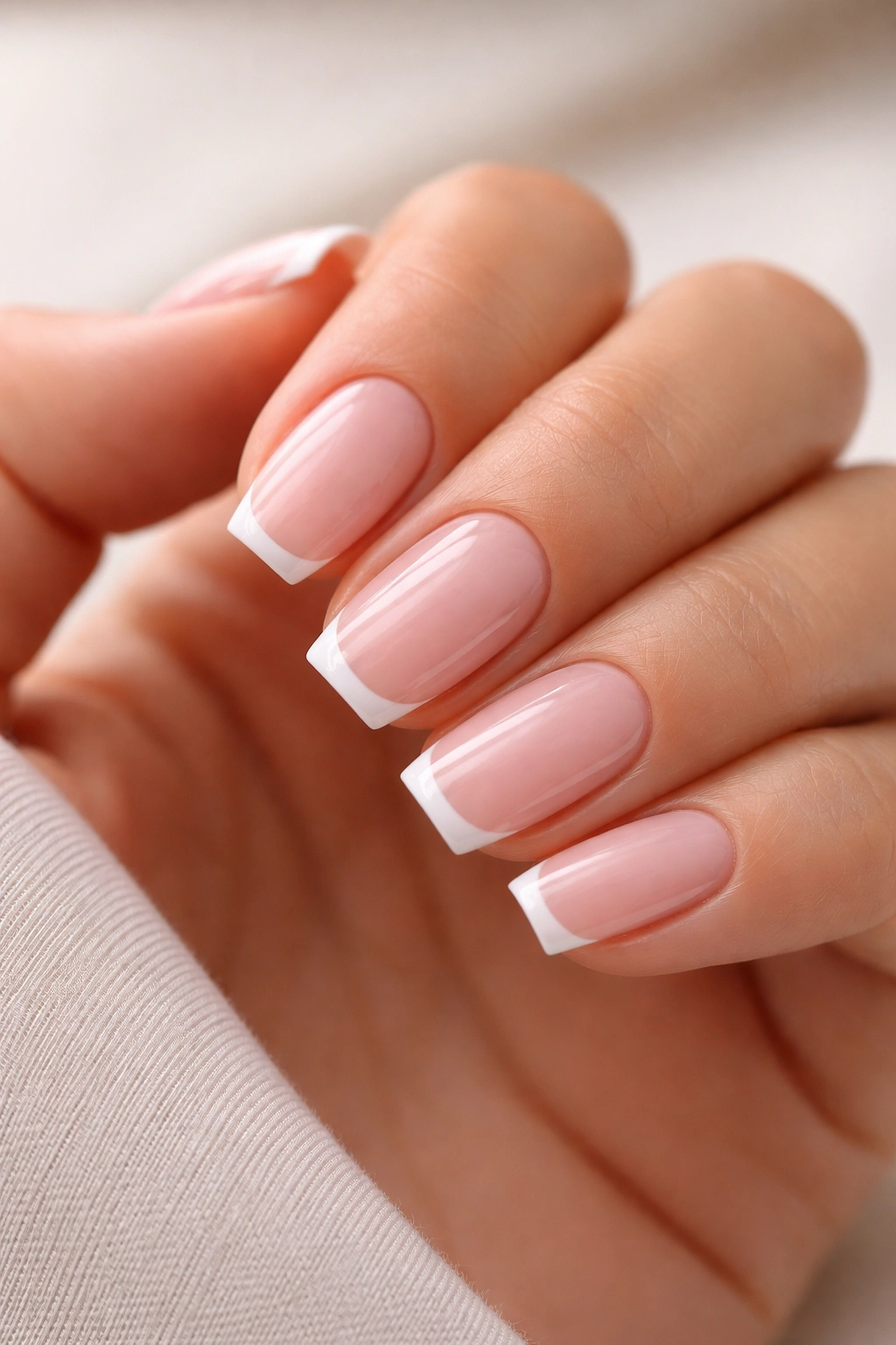 Close-up of short coffin nails with a thin white micro smile line on a sheer pink base