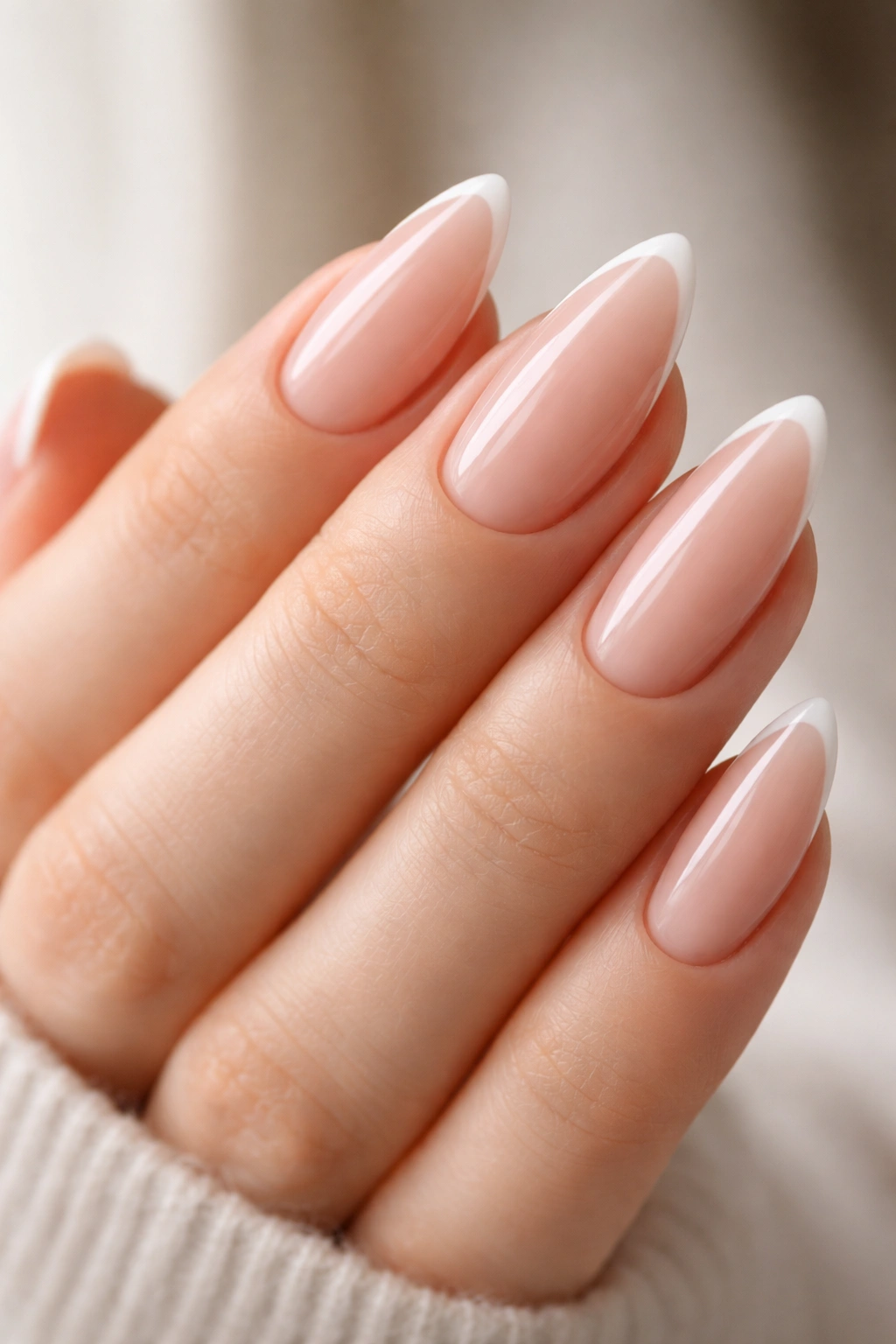 Almond nails with micro French nude tips on nude base