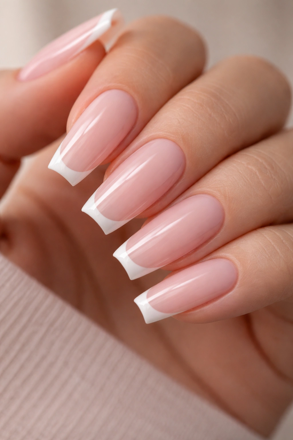 Coffin nails with a tiny white micro-French tip on pale pink base.