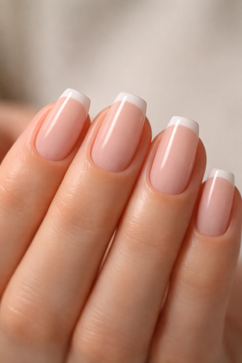 Short coffin nails with a micro French tip and thin smile line