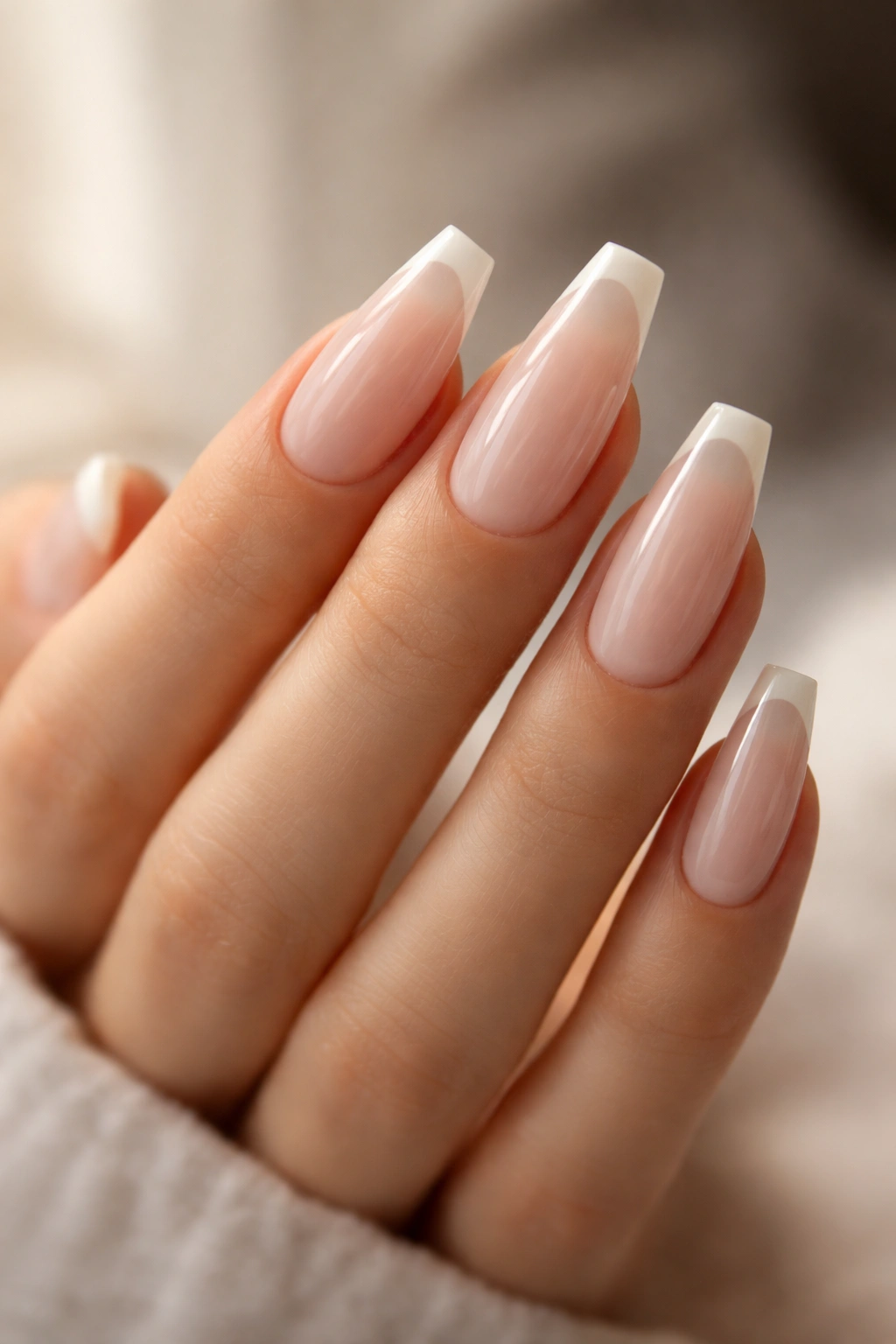 Coffin nails with milky pink base and micro French tip