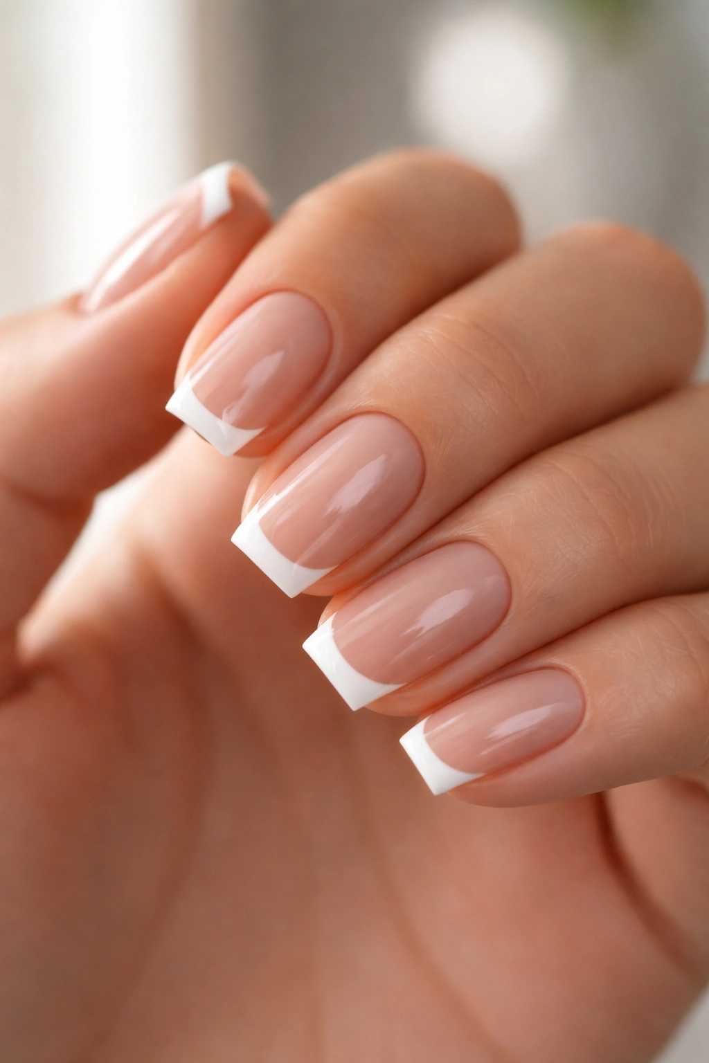 Close-up of short coffin nails with micro French tips on a hand.