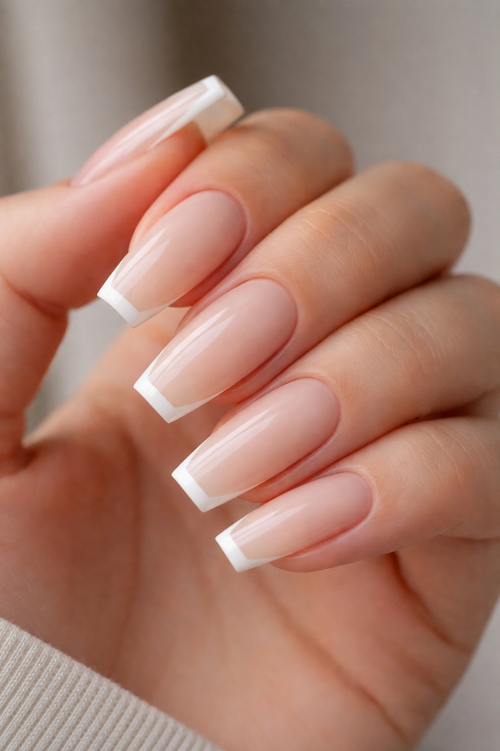 Micro-line white tips on a milky nude base coffin nails close-up