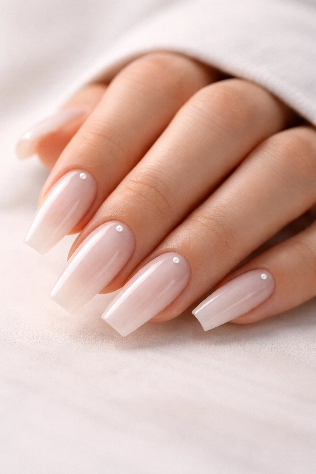 Coffin nails with a single tiny pearl accent near the cuticle.