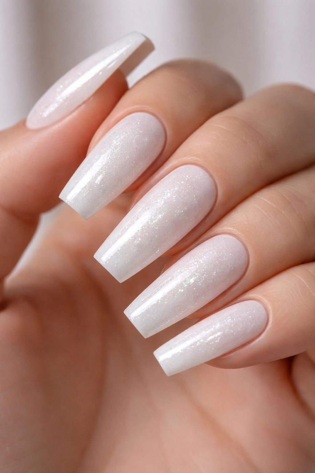 Close-up of coffin-shaped nails with cool white base and micro-glitter under glossy top coat