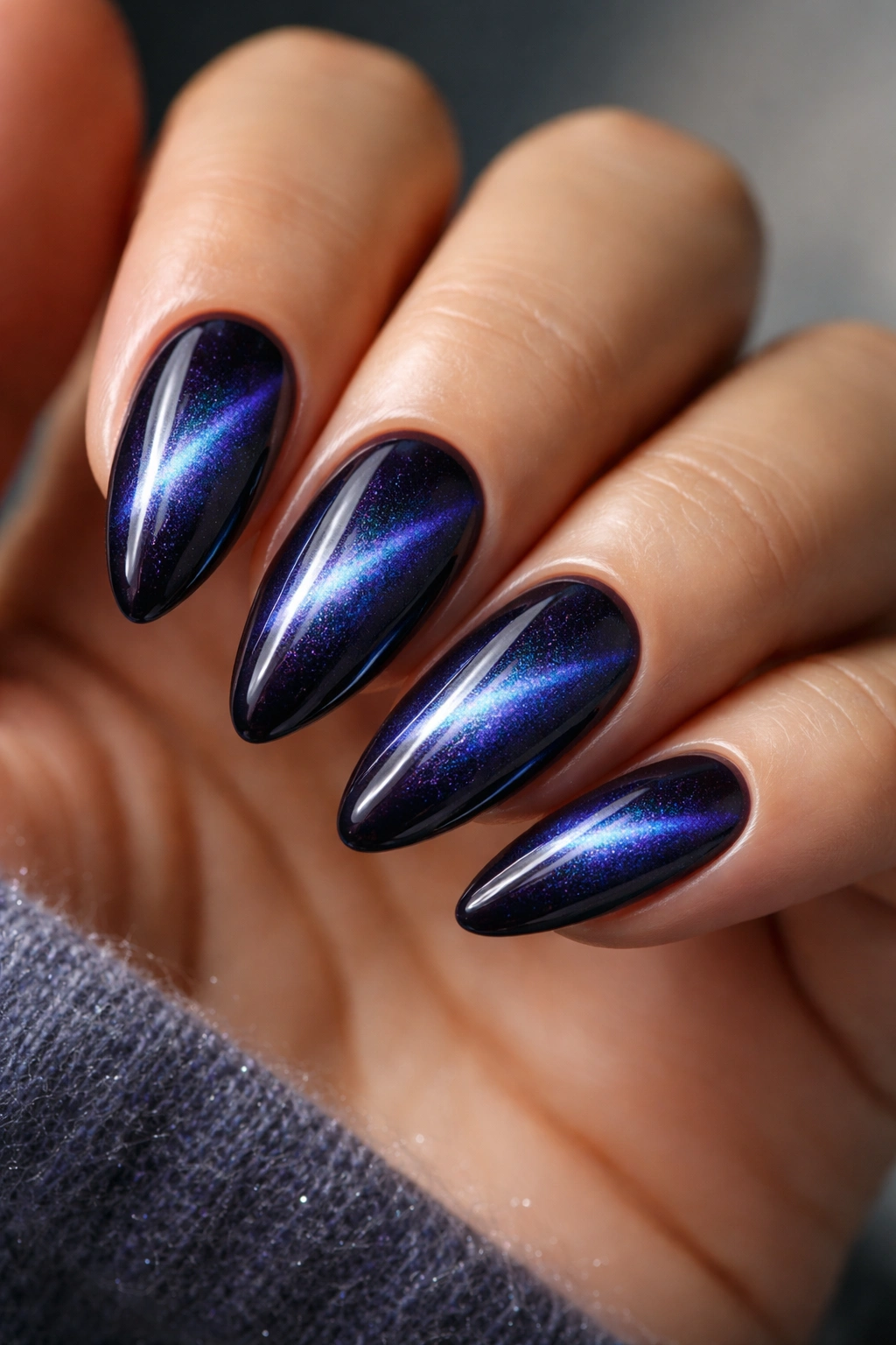 Midnight blue cat eye nails with centered blue-violet shift on almond nails