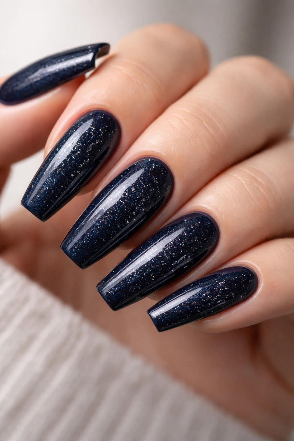 Close-up of midnight navy coffin nails with fine silver specks