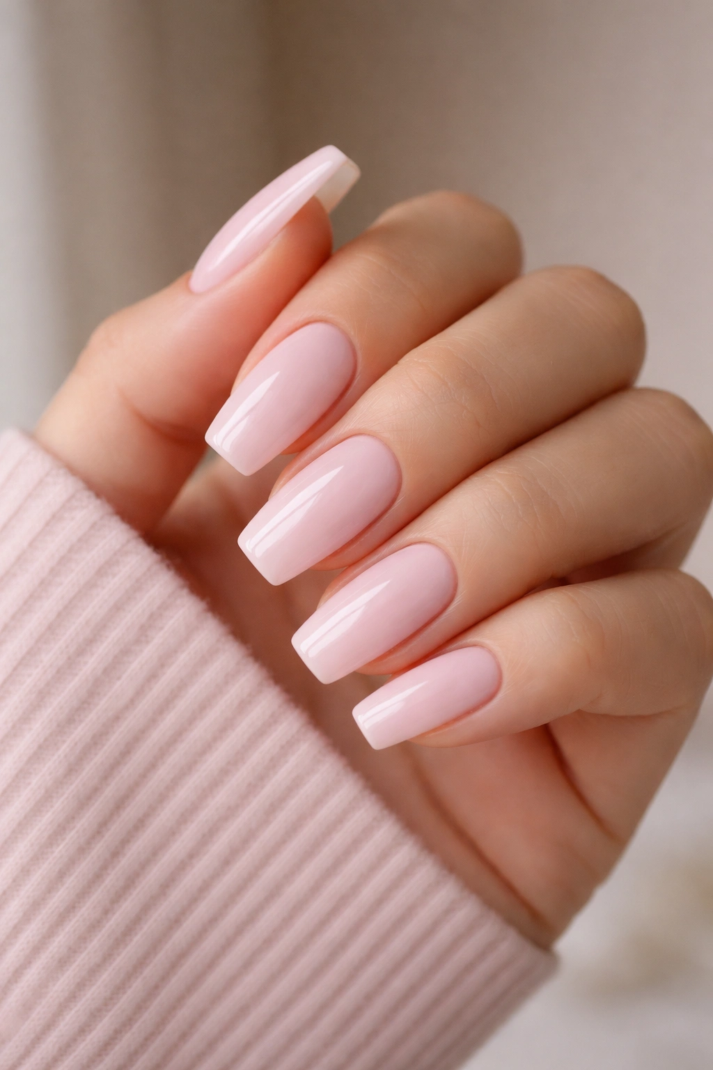 Milky baby pink coffin nails with smooth edges on a hand