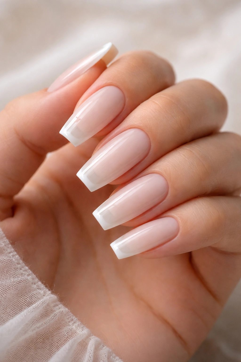 Close-up of milky white coffin nails with micro French edge