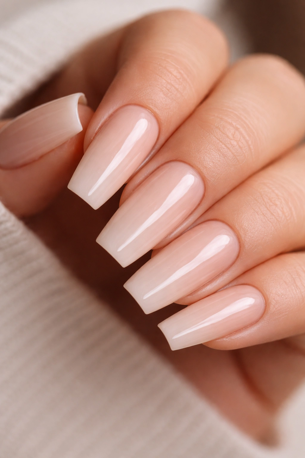 Coffin nails in milky beige gloss with straight sidewalls and glossy finish