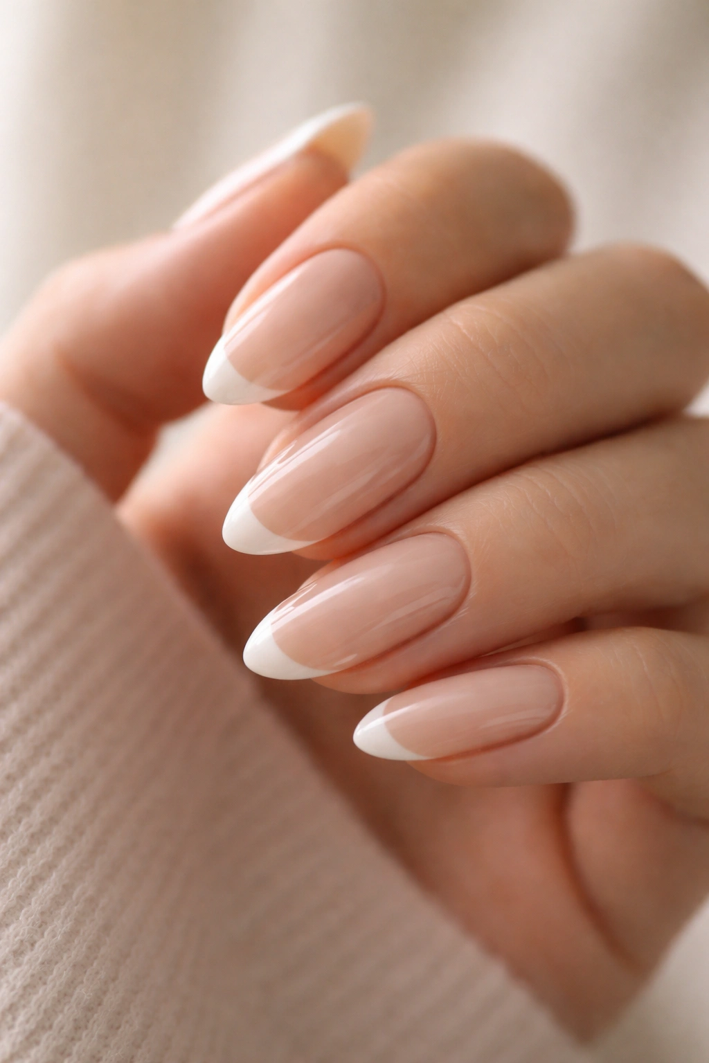 Close-up of milky beige almond nails with micro-French tips