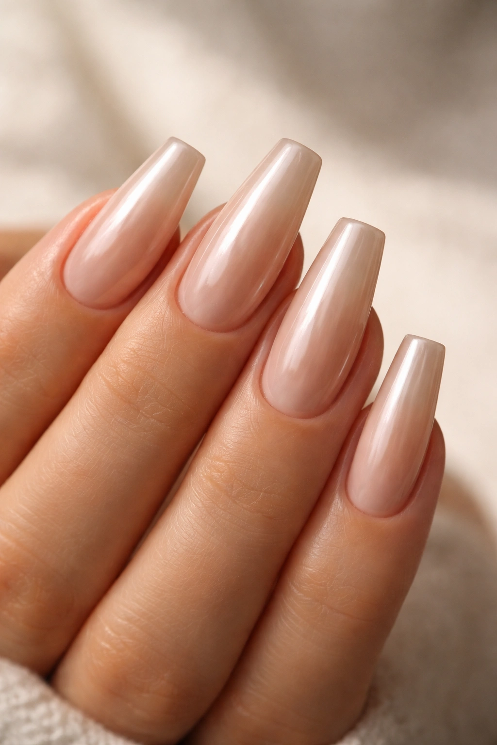 Milky beige coffin nails with pearl chrome glaze