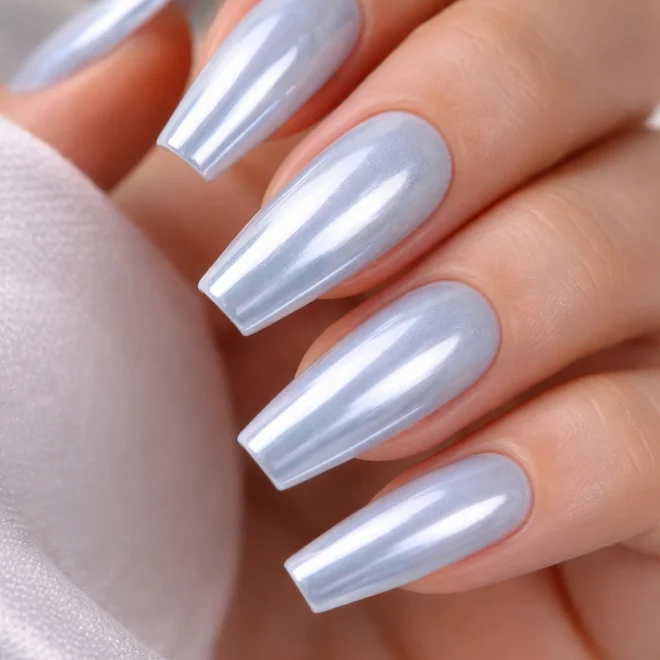 12 Light Blue Chrome Coffin Nails That Shine