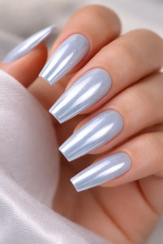 12 Light Blue Chrome Coffin Nails That Shine