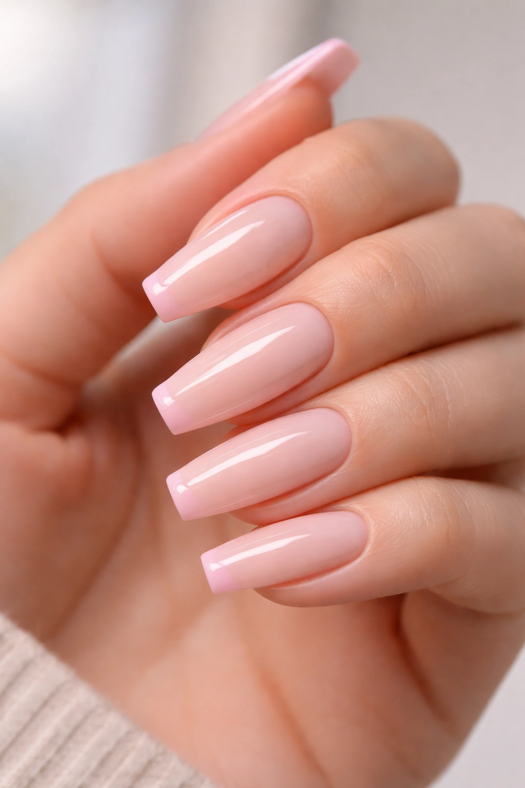 Coffin nails with milky blush base and micro pink tips 1-1.5mm