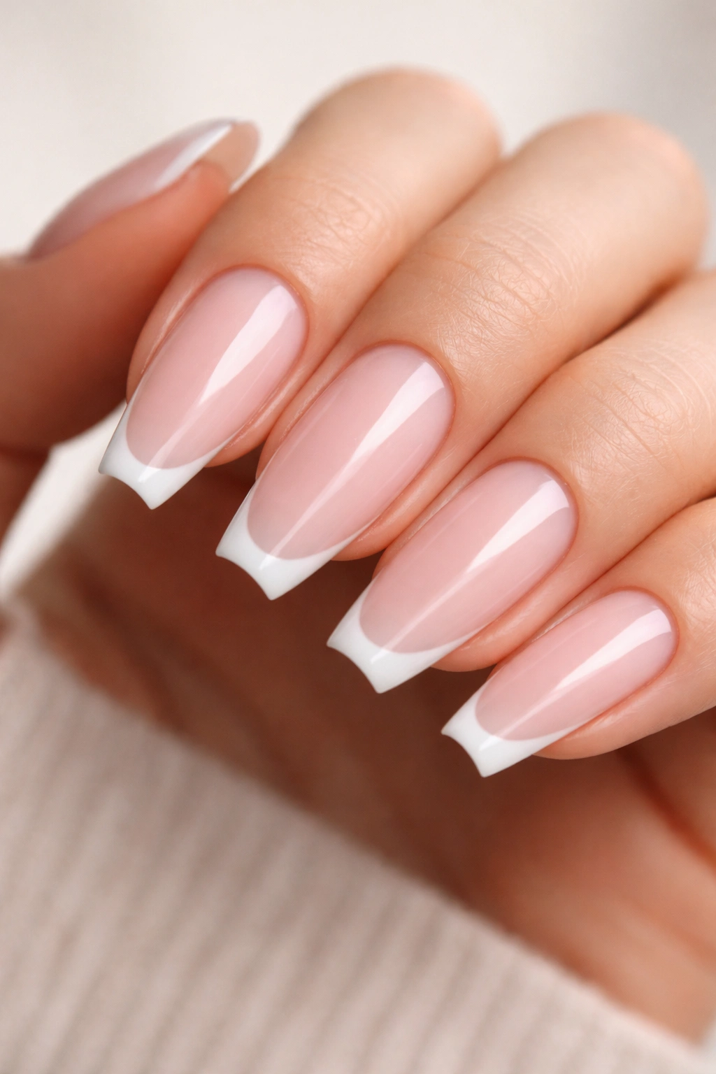 Milky blush base with ultra-thin white edge on ballerina nails