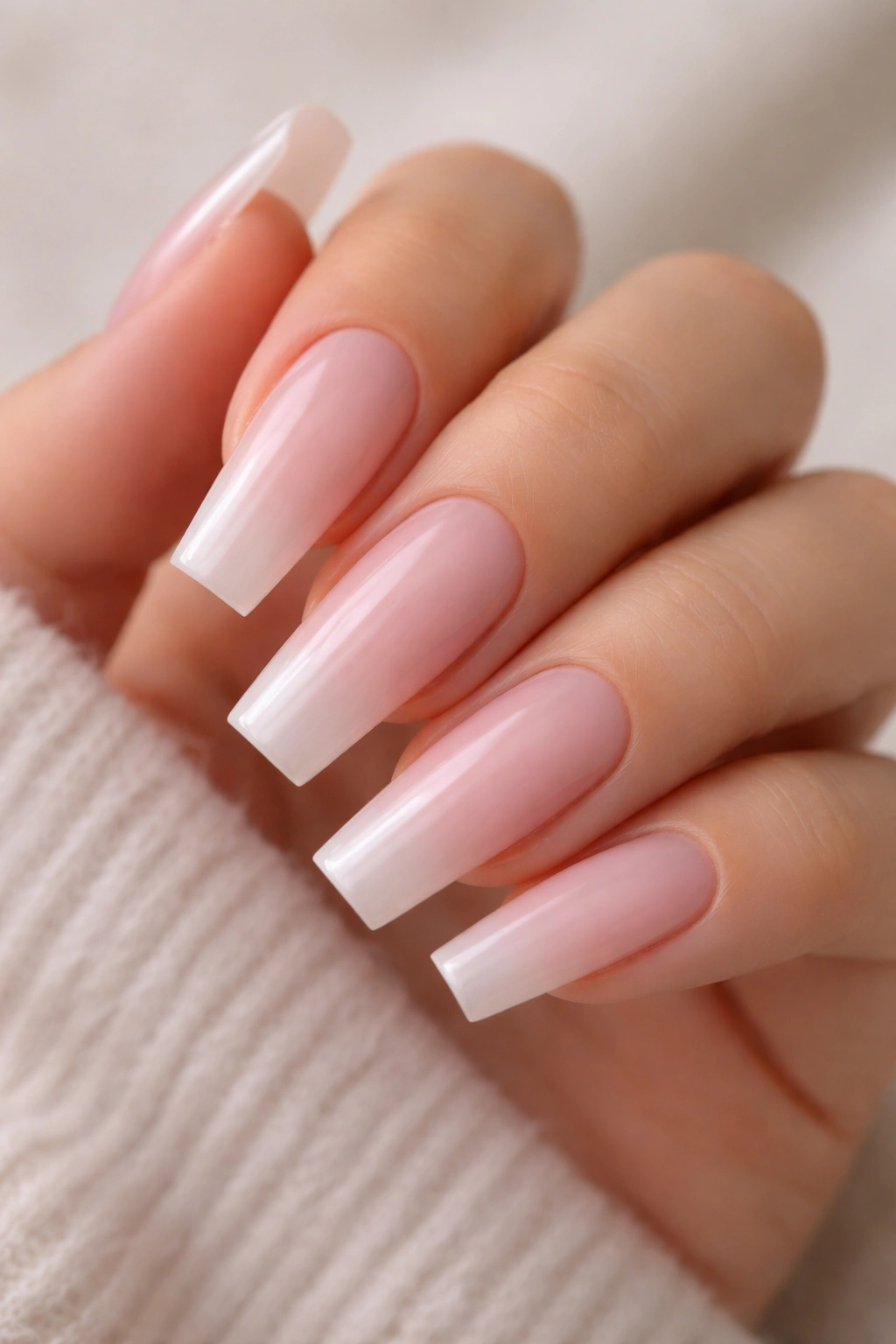 Close-up of milky blush coffin nails with translucent pink-white gradient