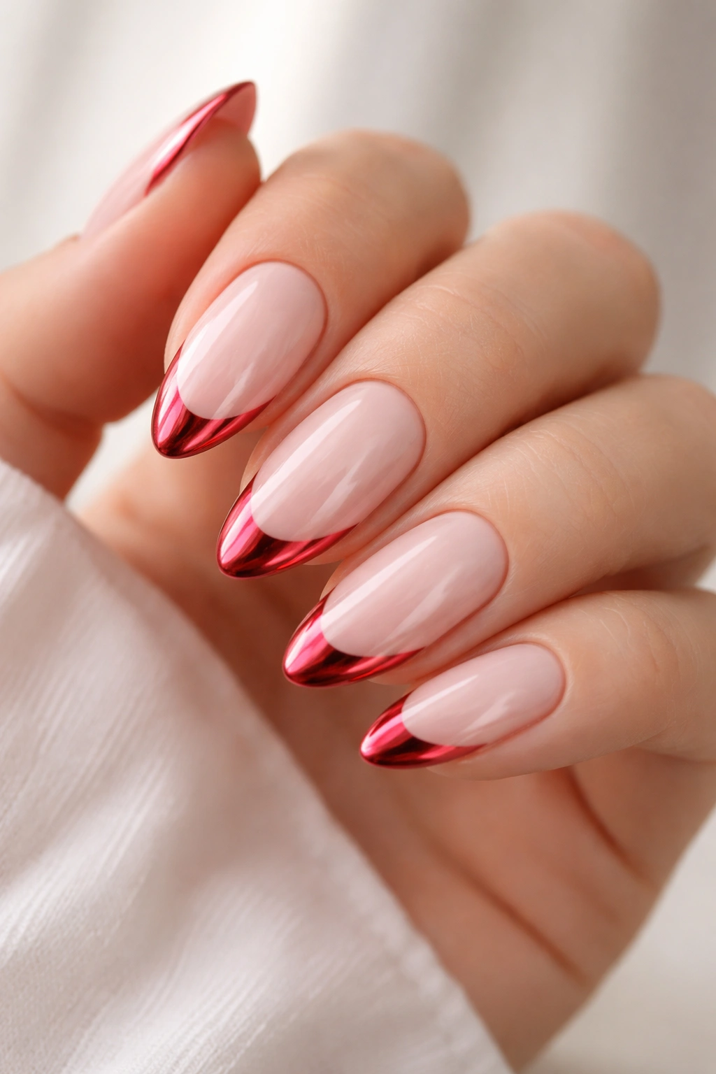 Almond nails with milky blush base and red chrome crescents