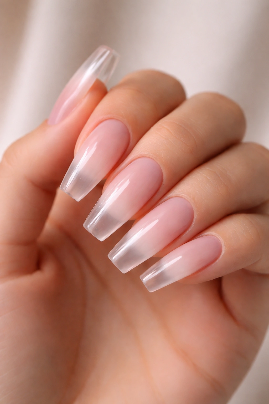 Medium-length clear coffin nails with a milky fade from cuticle to mid-nail