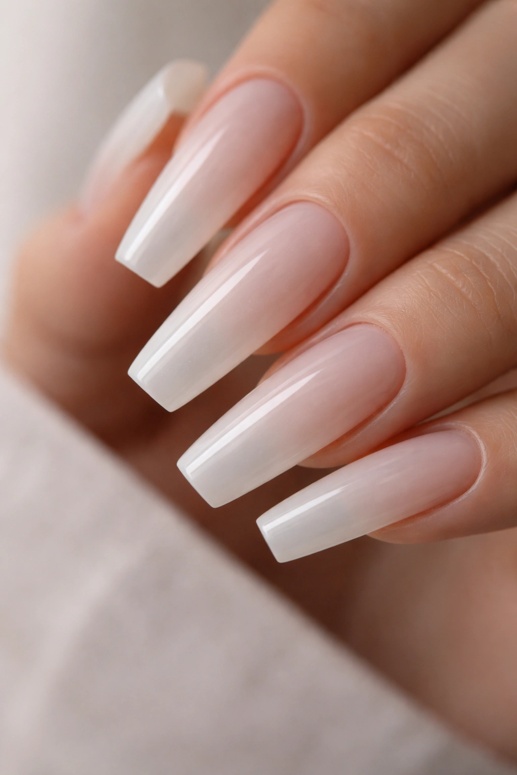 Close-up of jelly milky coffin nails with translucent tips glowing from within