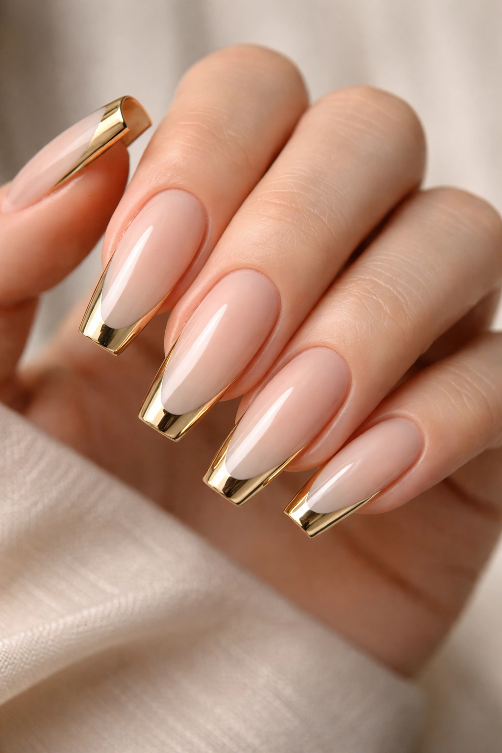 Close-up of milky nude coffin nails with mirror chrome tips on hands