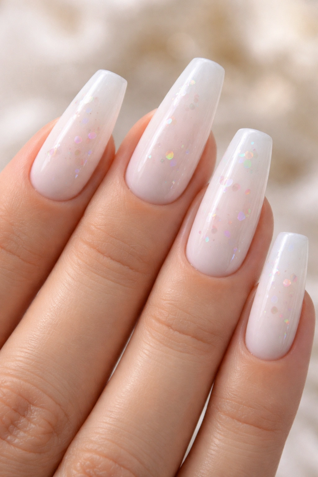 Nails with milky base and small iridescent flakes