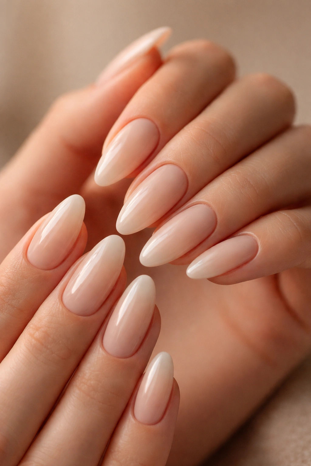 Milky nude almond nails with glossy finish; close-up manicure