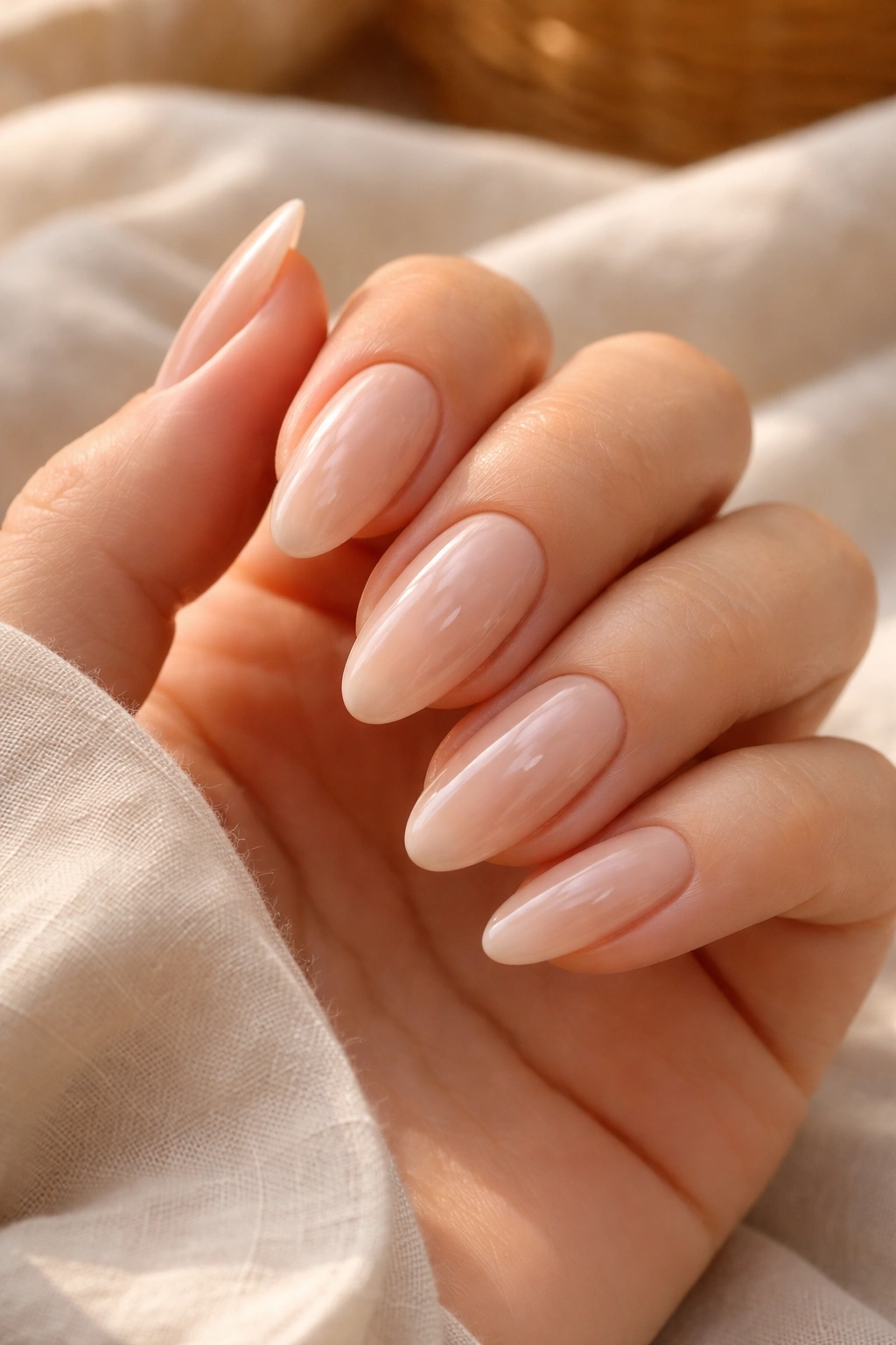 Close-up of milky nude almond nails with sheer beige-pink polish and glossy finish