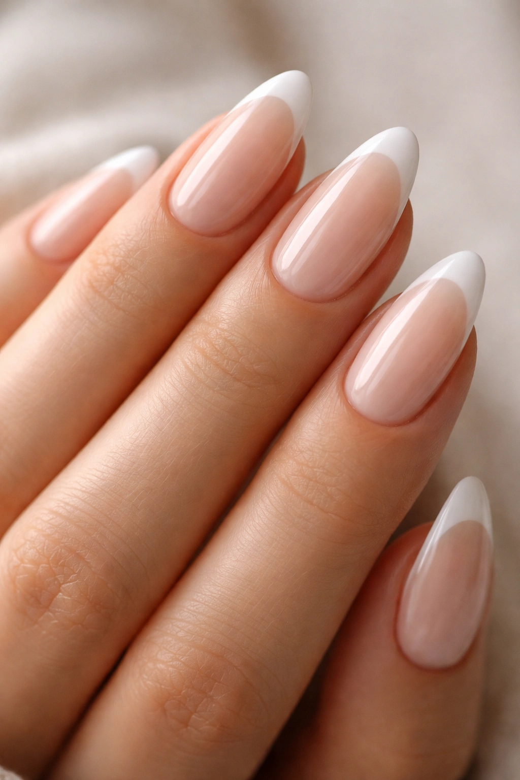 Milky nude almond nails with soft white tips