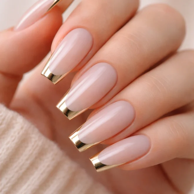 12 Gold French Tip Coffin Nails With a Twist