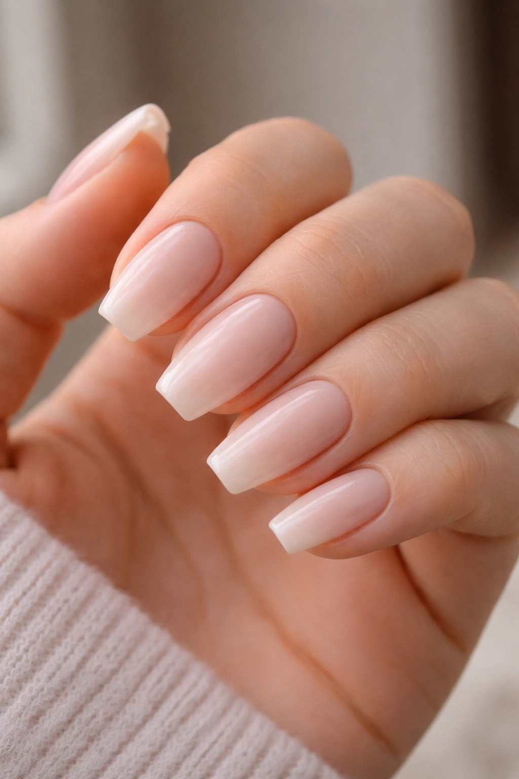 Milky nude coffin nails on short nails with sheer, pink-tinged beige polish