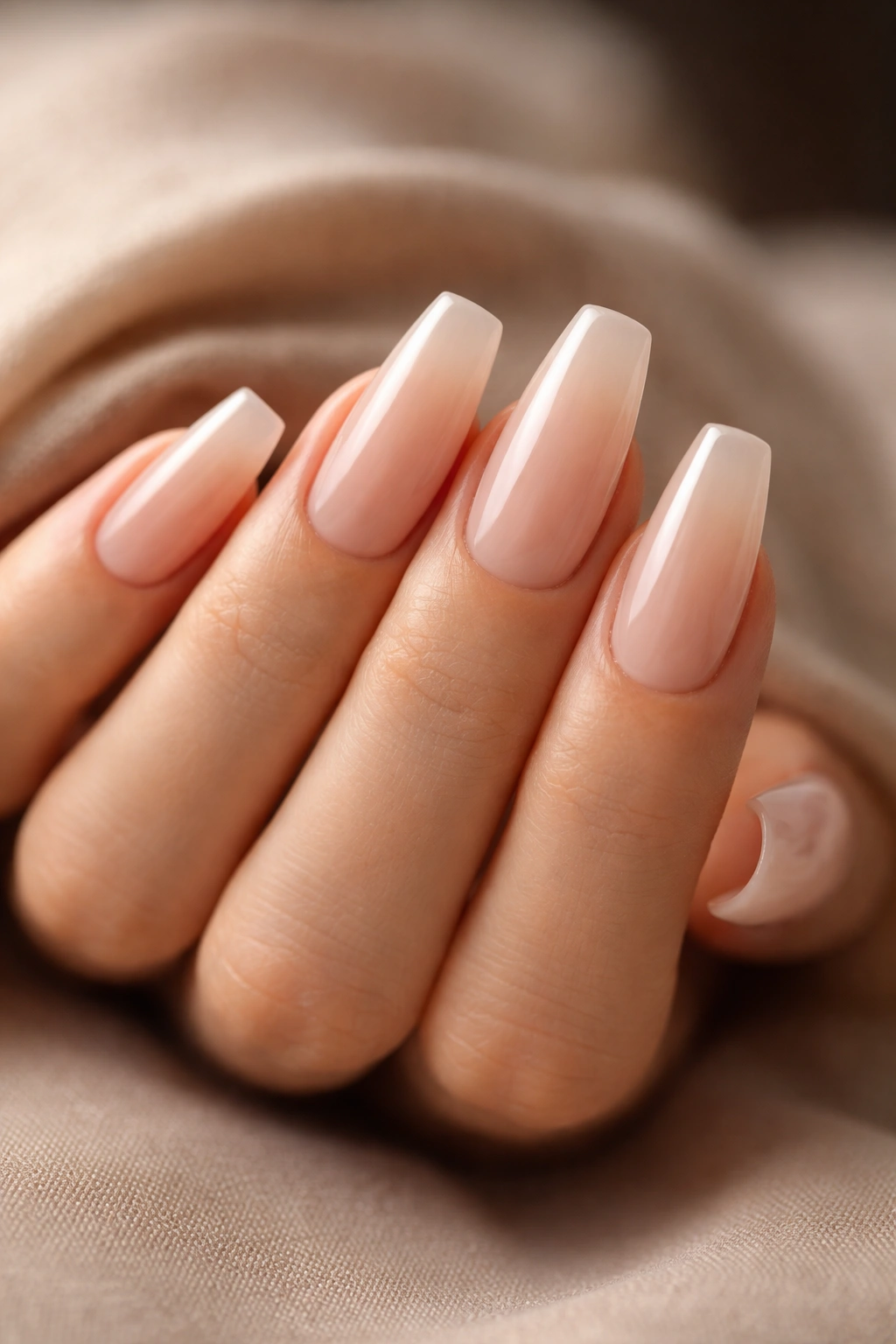 Milky nude coffin nails with glassy top coat on a hand